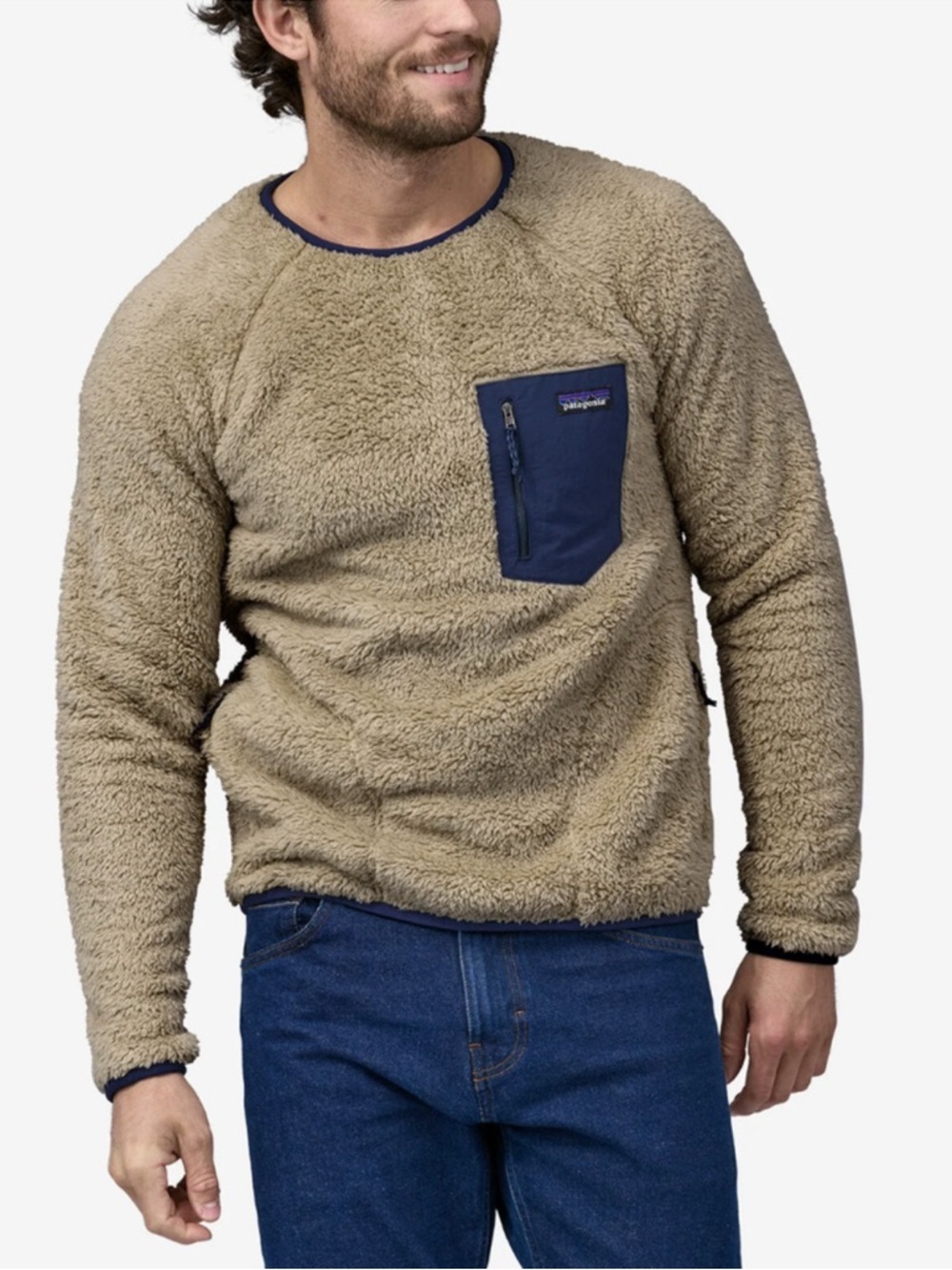 Patagonia Men's Tan Sherpa Crewneck with Navy Chest Pocket